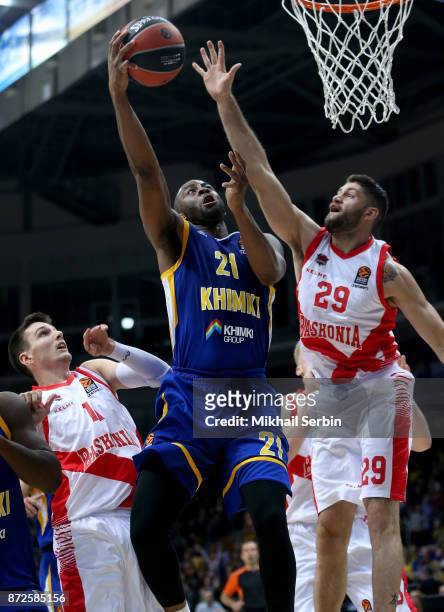 James Anderson, #21 of Khimki Moscow Region competes with Patricio Garino, #29 of Baskonia Vitoria Gasteiz in action during the 2017/2018 Turkish...