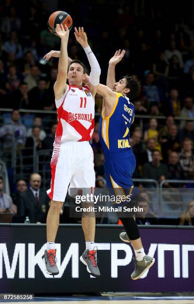 Matt Janning, #11 of Baskonia Vitoria Gasteiz competes with Alexey Shved, #1 of Khimki Moscow Region in action during the 2017/2018 Turkish Airlines...