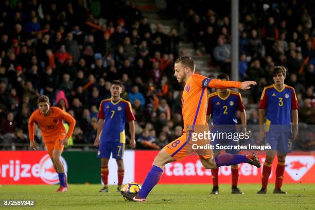 Bart Ramselaar of Holland U21 scores his sideÕs first goal to make it 6-0 during the match between Holland U21 v Andorra U21 at the De Vijverberg on...