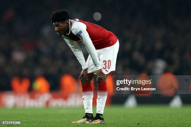 Ainsley Maitland-Niles of Arsenal in looks on during the UEFA Europa League group H match between Arsenal FC and Crvena Zvezda at Emirates Stadium on...