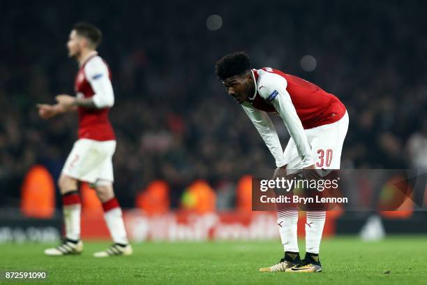 Ainsley Maitland-Niles of Arsenal in looks on during the UEFA Europa League group H match between Arsenal FC and Crvena Zvezda at Emirates Stadium on...