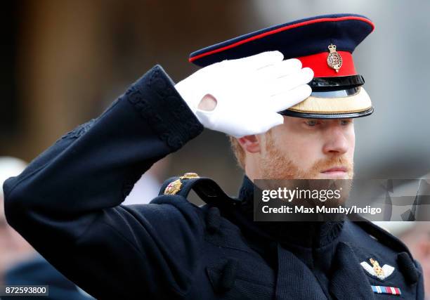 Prince Harry salutes as he visits the Field of Remembrance at Westminster Abbey on November 9, 2017 in London, England. The first Field of...