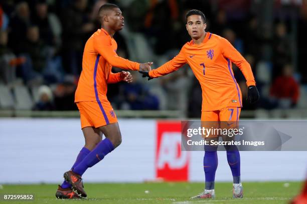 Justin Kluivert of Holland U21 celebrates 8-0 with Denzel Dumfries of Holland U21 during the match between Holland U21 v Andorra U21 at the De...