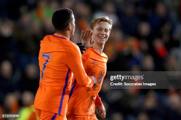 Justin Kluivert of Holland U21 celebrates 8-0 with Frenkie de Jong of Holland U21 during the match between Holland U21 v Andorra U21 at the De...