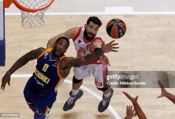 Thomas Robinson, #0 of Khimki Moscow Region competes with Tornike Shengelia, #23 of Baskonia Vitoria Gasteiz in action during the 2017/2018 Turkish...