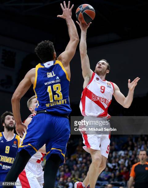 Marcelinho Huertas, #9 of Baskonia Vitoria Gasteiz competes with Anthony Gill, #13 of Khimki Moscow Region in action during the 2017/2018 Turkish...