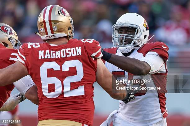 Arizona Cardinals outside linebacker Chandler Jones battles with San Francisco 49ers offensive tackle Erik Magnuson during an NFL game between the...