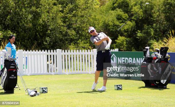 Ian Poulter of England takes part in the Bad Coaching televised event ahead of the Nedbank Golf Challenge at Gary Player CC on November 7, 2017 in...