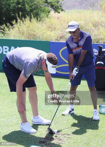 Ian Poulter of England takes part in the Bad Coaching televised event ahead of the Nedbank Golf Challenge at Gary Player CC on November 7, 2017 in...