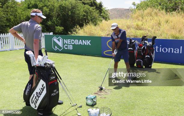 Ian Poulter of England takes part in the Bad Coaching televised event ahead of the Nedbank Golf Challenge at Gary Player CC on November 7, 2017 in...