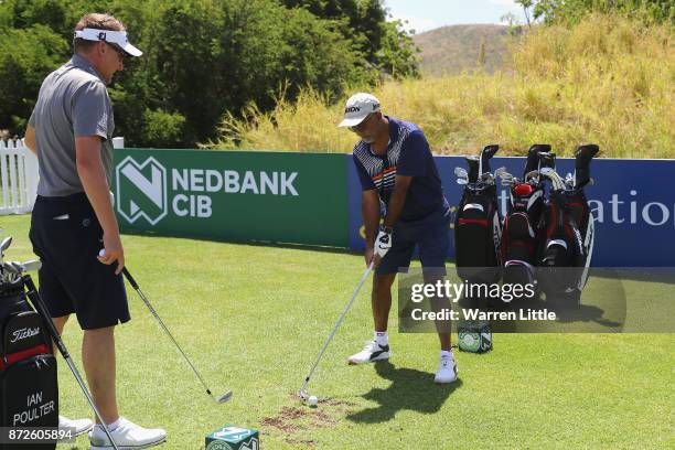 Ian Poulter of England takes part in the Bad Coaching televised event ahead of the Nedbank Golf Challenge at Gary Player CC on November 7, 2017 in...