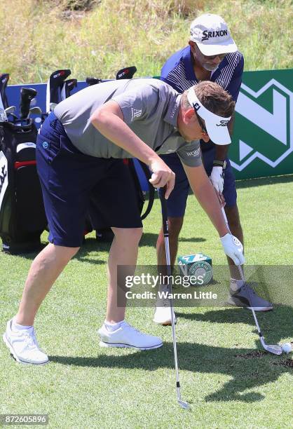 Ian Poulter of England takes part in the Bad Coaching televised event ahead of the Nedbank Golf Challenge at Gary Player CC on November 7, 2017 in...