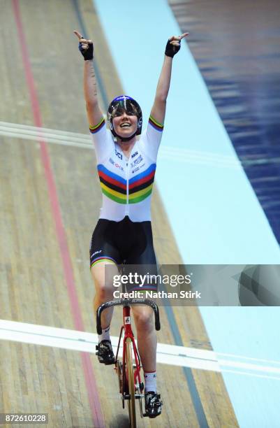 Katie Archibald of Great Britain celebrates winning the Women's Omnium during the TISSOT UCI Track Cycling World Cup at National Cycling Centre on...