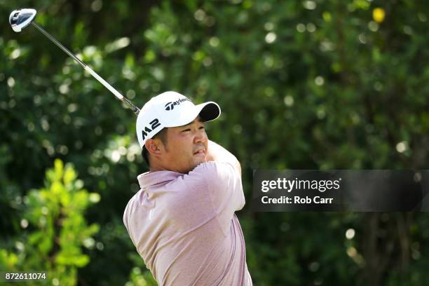 John Huh of the United States plays his shot from the 17th tee during the second round of the OHL Classic at Mayakoba on November 10, 2017 in Playa...