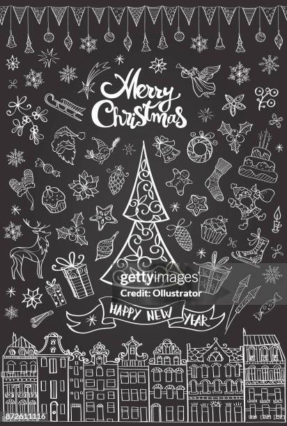 christmas card with icons and elements - gingerbread man sketch stock illustrations