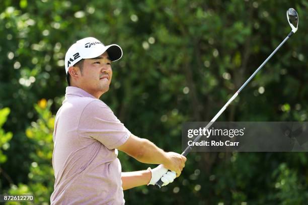 John Huh of the United States plays his shot from the 17th tee during the second round of the OHL Classic at Mayakoba on November 10, 2017 in Playa...