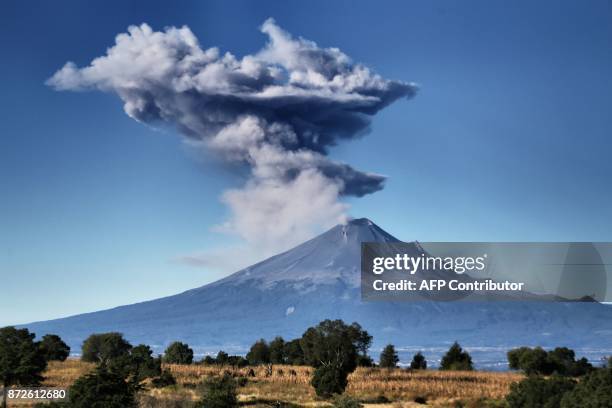 Ash spews from the Popocatepetl volcano as seen from Tepehitec community in Tlaxcala State, Mexico, on November 10, 2017. The Popocatepetl volcano,...