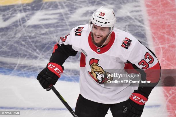 Ottawa Senators Fredrik Claesson celebrates after scoring 1-1 in the first period of the NHL Global Series hockey game between Colorado Avalanche and...