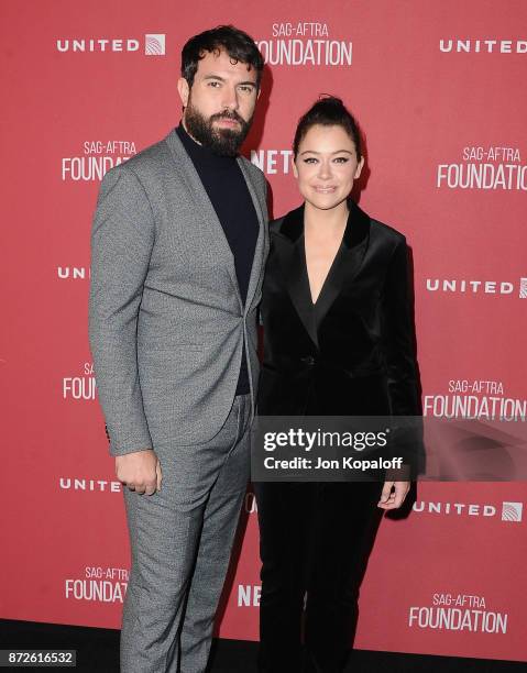 Actress Tatiana Maslany and Tom Cullen arrive at SAG-AFTRA Foundation Patron of the Artists Awards 2017 on November 9, 2017 in Beverly Hills,...