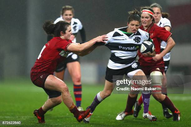 Christelle Le Duff is tackled during the Inaugural Representative Match between Barbarians Women's RFC and Munster Women, on November 10, 2017 in...