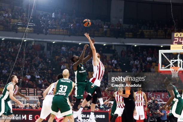 James Gist of Panathinaikos Superfoods in action against Nicola Milutinov of Olympiacos Piraeus during the Turkish Airlines Euroleague basketball...