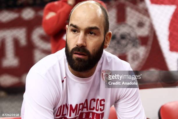 Vasilis Spanoulis of Olympiacos Piraeus sits on the bench during the Turkish Airlines Euroleague basketball match between Panathinaikos Superfoods...