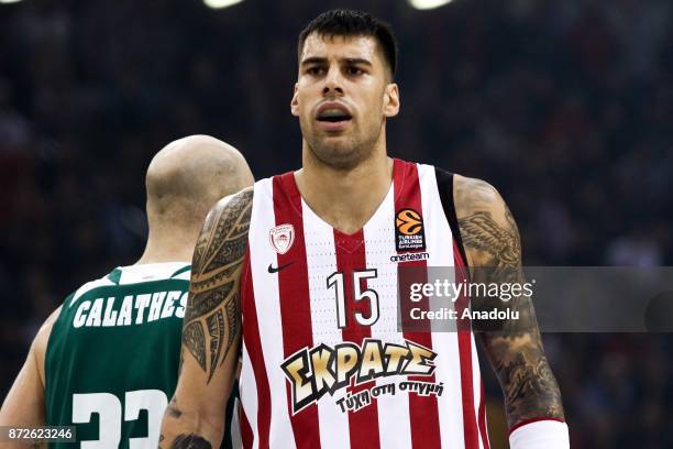 Giorgos Printezis of Olympiacos Piraeus reacts during the Turkish Airlines Euroleague basketball match between Panathinaikos Superfoods and...