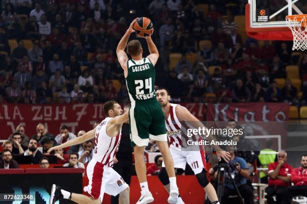 Matt Lojeski of Panathinaikos Superfoods in action against Nicola Milutinov of Olympiacos Piraeus during the Turkish Airlines Euroleague basketball...