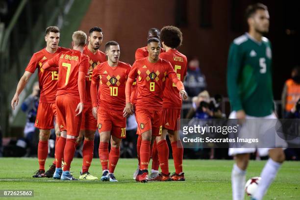 Eden Hazard of Belgium celebrates 1-0 withThomas Meunier of Belgium, Kevin de Bruyne of Belgium, Nacer Chadli of Belgium, Youri Tielemans of Belgium,...