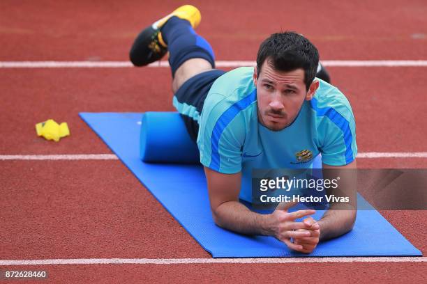Ryan McGowan of Australia warms up during a training session ahead of the leg 1 of FIFA World Cup Qualifier Playoff against Honduras at Estadio...
