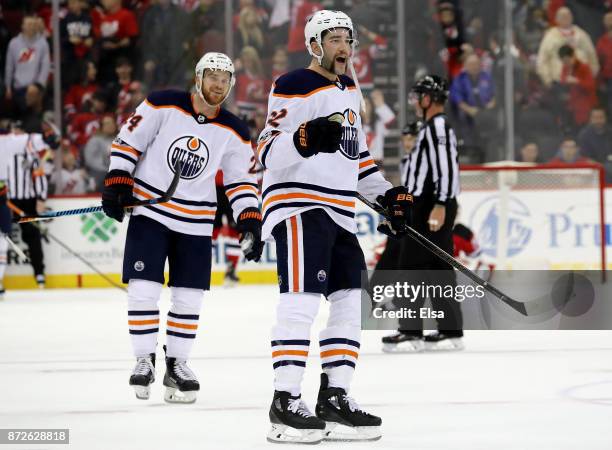 Eric Gryba of the Edmonton Oilers celebrates the 3-2 win in overtime against the New Jersey Devils on November 9, 2017 at Prudential Center in...