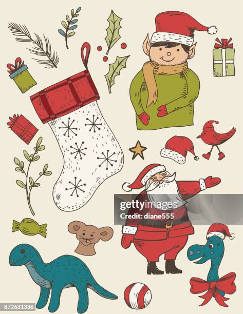 hand drawn vintage christmas elements - full stocking stock illustrations