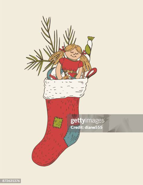 hand drawn vintage christmas elements - full stocking stock illustrations