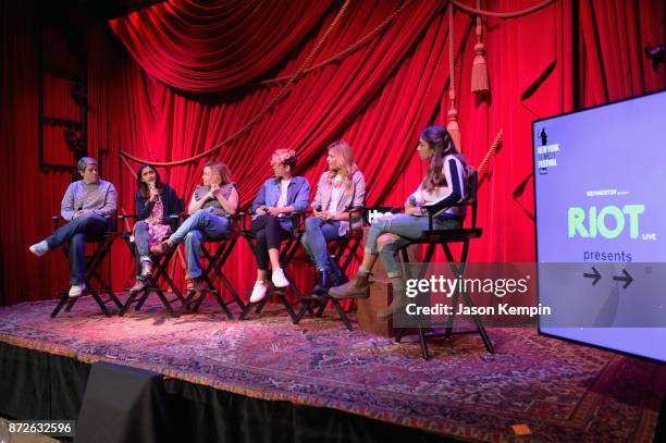 Shannon ONeill, Aparna Nancherla, Alyson Levy, Mia Lidofsky, Grace Helbig and Ruby Karp speak onstage during TBS Comedy Festival 2017 - Refinery 29...