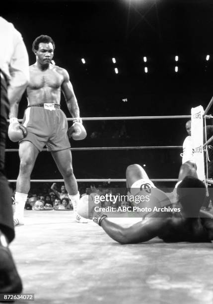 Kingston, Jamaica George Foreman, Joe Frazier boxing at National Stadium, January 22, 1973.