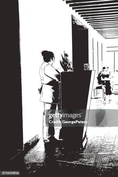 hispanic maitre d at mexican restaurant - mexican restaurant waiter stock illustrations