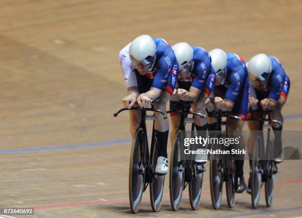 Steven Burke, Edward Clancu, Oliver Wood and Kian Emadi of Team GB compete in the Men's Team Pursuit during the TISSOT UCI Track Cycling World Cup at...