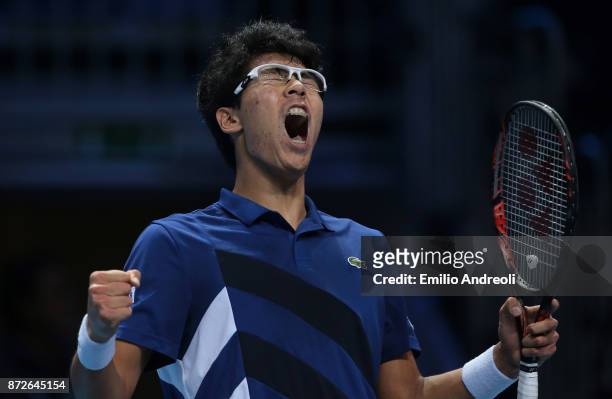 Hyeon Chung of South Korea celebrates the victory at the end of the match against Daniil Medvedev of Russia during the semi finals on day 4 of the...
