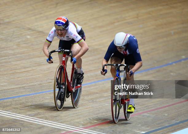 Katie Archibald of Great Britain and Jennifer Valente of United States compete during the Womens Omnium in the TISSOT UCI Track Cycling World Cup at...