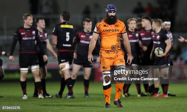 Josh Strauss of Sale Sharks reacts after conceding a penalty during the Anglo-Welsh Cup match between Sale Sharks and Saracens at AJ Bell Stadium on...