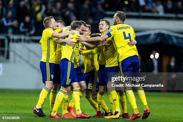 Sweden celebrates scoring the opening goal during the FIFA 2018 World Cup Qualifier Play-Off: First Leg between Sweden and Italy at Friends arena on...