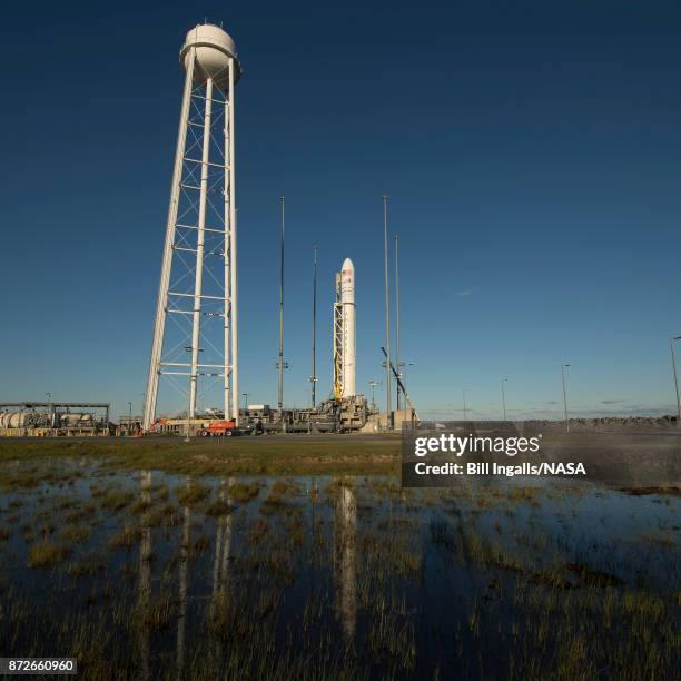 In this NASA handout image, the Orbital ATK Antares rocket, with the Cygnus spacecraft onboard, is seen on launch Pad-0A, Friday, November 10, 2017...