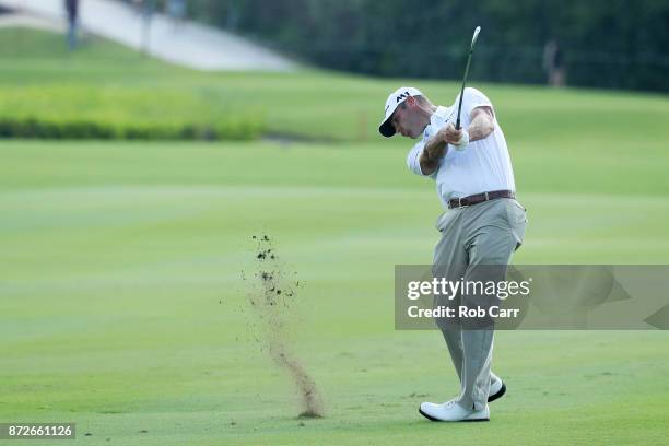 Shawn Stefani of the United States plays a shot on the 16th hole during the second round of the OHL Classic at Mayakoba on November 10, 2017 in Playa...