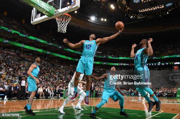 Dwight Howard of the Charlotte Hornets grabs the rebound against the Boston Celtics on November 10, 2017 at the TD Garden in Boston, Massachusetts....