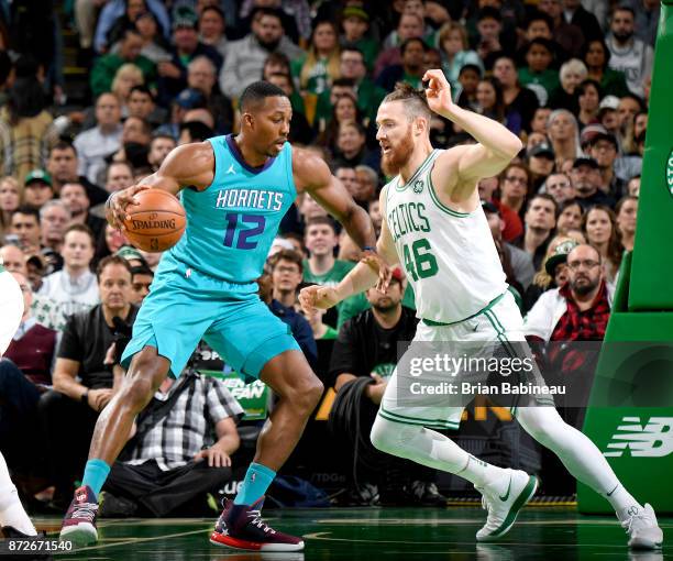 Dwight Howard of the Charlotte Hornets handles the ball against the Boston Celtics on November 10, 2017 at the TD Garden in Boston, Massachusetts....