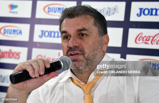 Australia's coach Ange Postecoglou speaks during the press conference after the first leg football match of their 2018 World Cup qualifying play-off...