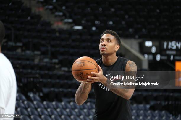 Rodney McGruder of the Miami Heat shoots the ball before game against the Utah Jazz on November 10, 2017 at Vivint Smart Home Arena in Salt Lake...