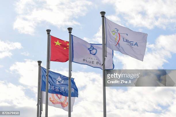 Flags fly during the final round of the Blue Bay LPGA at Jian Lake Blue Bay golf course on November 11, 2017 in Hainan Island, China.