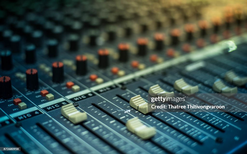 Microphone over the Abstract blurred on sound mixer out of focus background