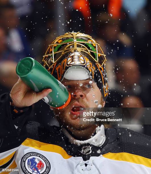 Anton Khudobin of the Boston Bruins takes a second period water break during the game against the Toronto Maple Leafs at the Air Canada Centre on...